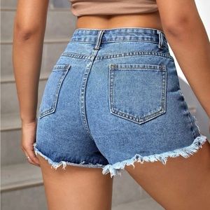 High Waist Ripped Raw Trim Denim Shorts